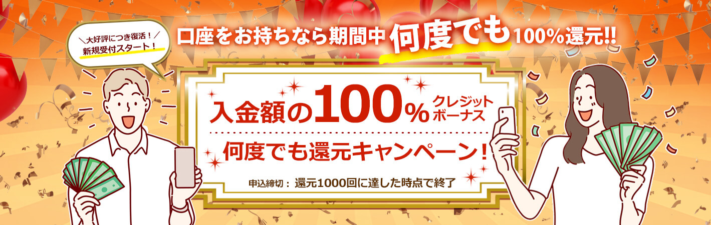 入金クレジットボーナス100％還元キャンペーン